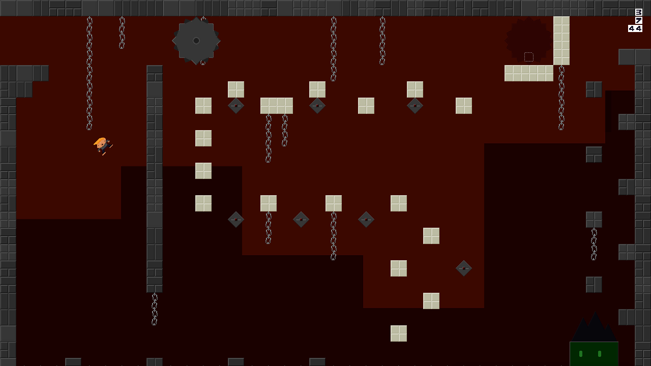 Screenshot: The player character avoiding a sawblade by dropping down into a pit with a floor below.